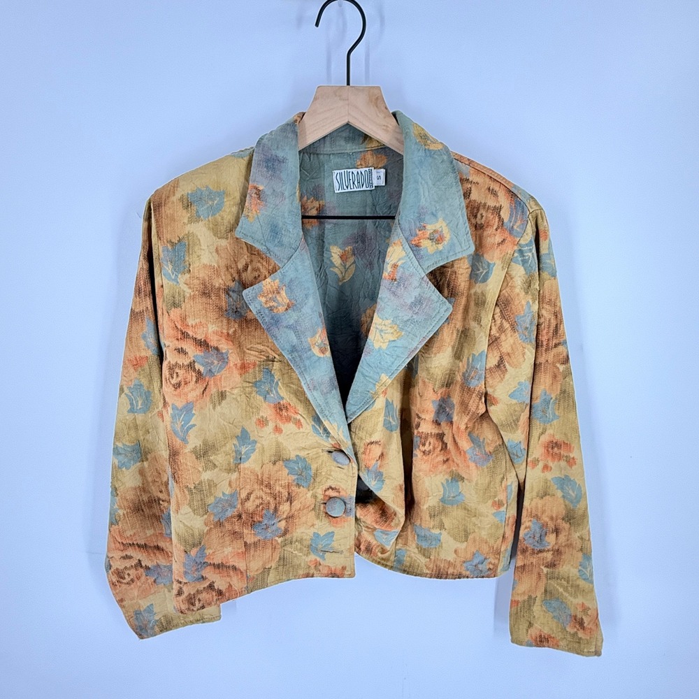 Vintage Silverado Tapestry Jacket Floral Tan Blue Small Southwestern Blazer